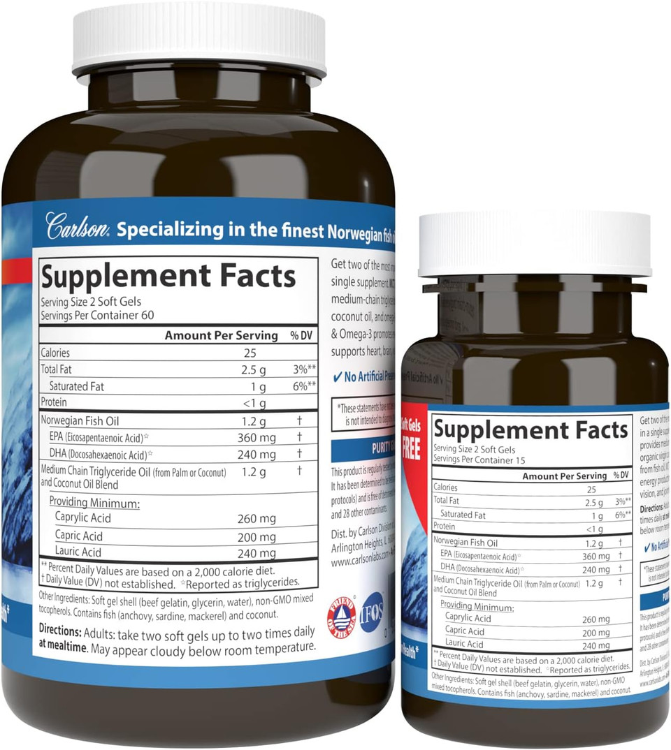 Carlson - MCT & Omega-3, Coconut Oil, Caprylic & Capric Acids, EPA & DHA, Energy Production, Fat Metabolism & Brain Health, 120+30 Softgels