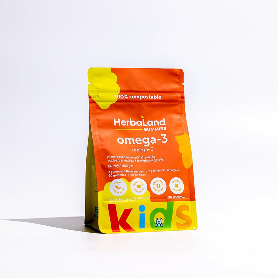 Herbaland Vegan Omega-3 Gummies For Kids - Sugar-Free & Gluten-Free, Plant-Based Omega-3 From Flaxseed Oil, Omega-3 Fatty Acids, Ala - Orange Flavor, 90 Count, Compostable Pouch