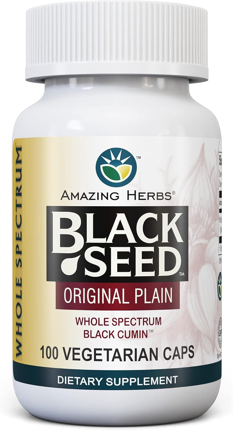 Amazing Herbs Whole Spectrum Black Seed Original Plain, Vegetarian Capsules - Gluten Free, Non Gmo, Cold Pressed Nigella Sativa Aids In Digestive Health - 100 Count, 475Mg