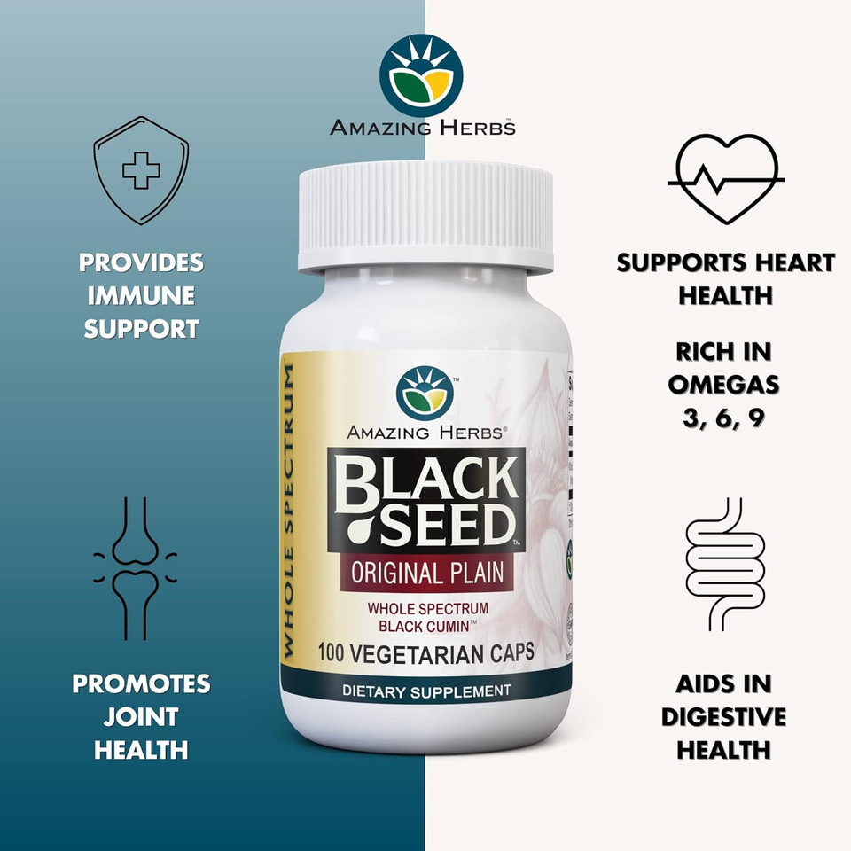 Amazing Herbs Whole Spectrum Black Seed Original Plain, Vegetarian Capsules - Gluten Free, Non Gmo, Cold Pressed Nigella Sativa Aids In Digestive Health - 100 Count, 475Mg