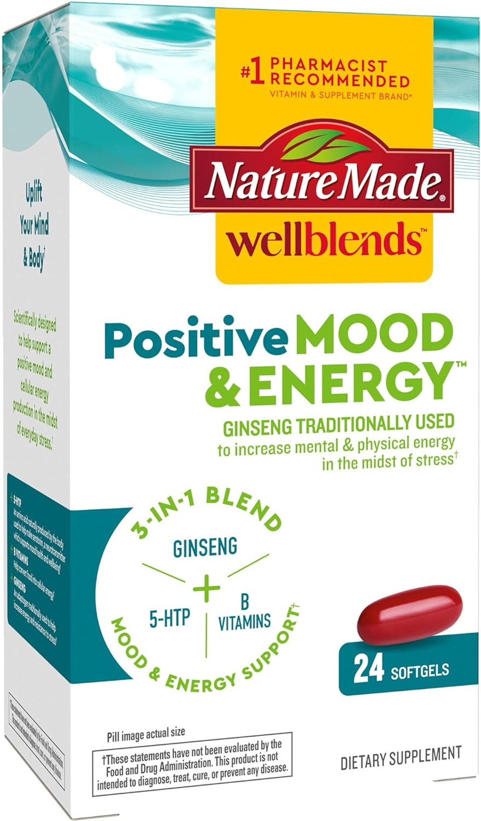 Nature Made Wellblends Positive Mood & Energy, 5Htp, Thiamin, Niacin, Vitamin B6, Vitamin B12, And Pantothenic Acid, Plus Ginseng, 24 Softgels