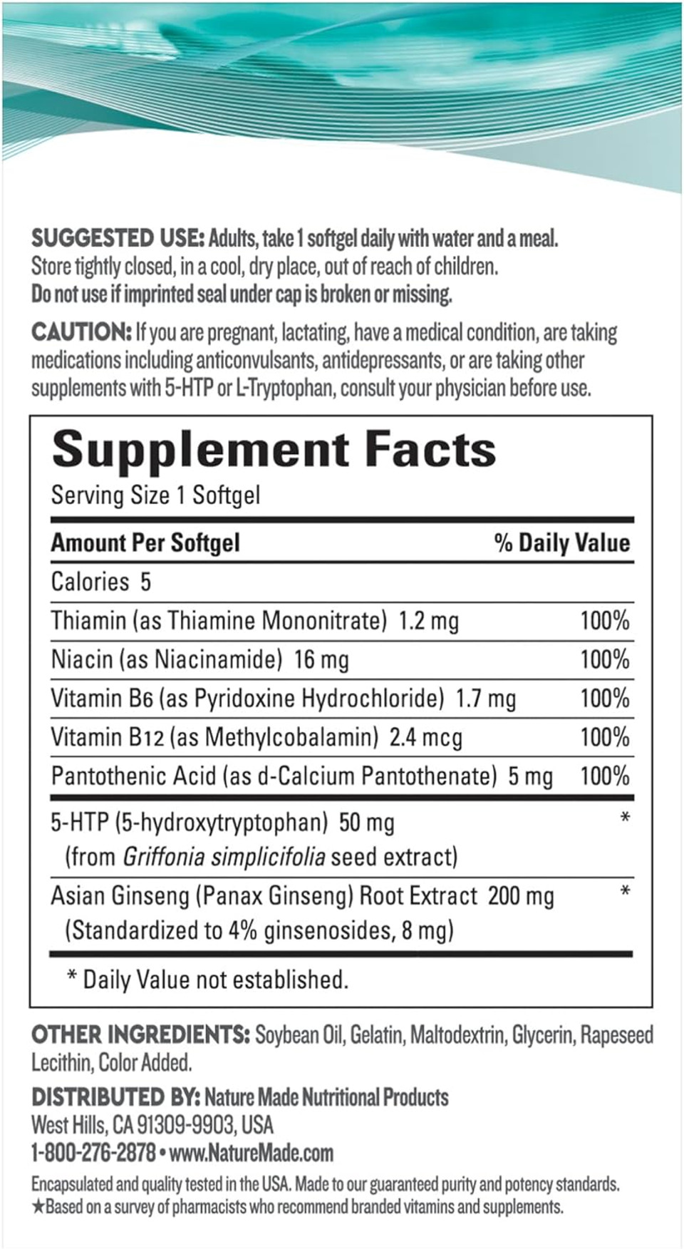 Nature Made Wellblends Positive Mood & Energy, 5Htp, Thiamin, Niacin, Vitamin B6, Vitamin B12, And Pantothenic Acid, Plus Ginseng, 24 Softgels