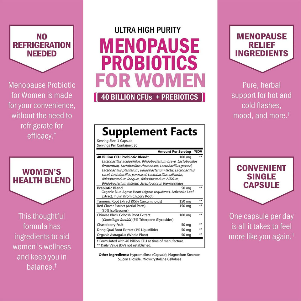 Menopause Support Probiotics For Women - Hot Flashes Night Sweats Mood Swings And Hormone Balance - Natural Menopause Relief Supplements For Women With Astragalus - 30 Servings
