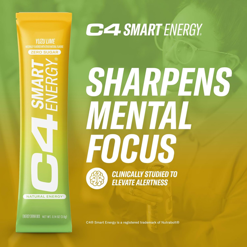 C4 Smart Energy Powder Stick Packs - Sugar Free Performance Fuel & Nootropic Brain Booster, Coffee Substitute Or Alternative | Yuzu Lime - 14 Count