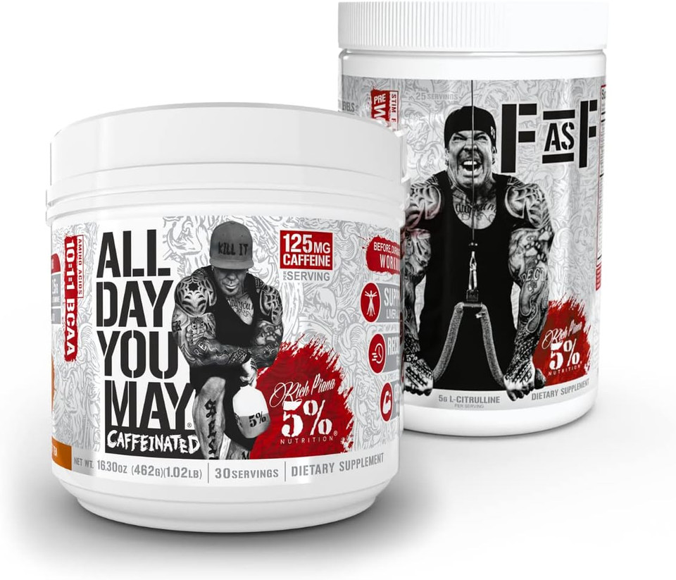 5% Nutrition Rich Piana 2-Stack | Alldayyoumay Caffeinated + Fasf | Bcaas + Nitric Oxide Booster Pre-Workout (Choose Your Flavors)