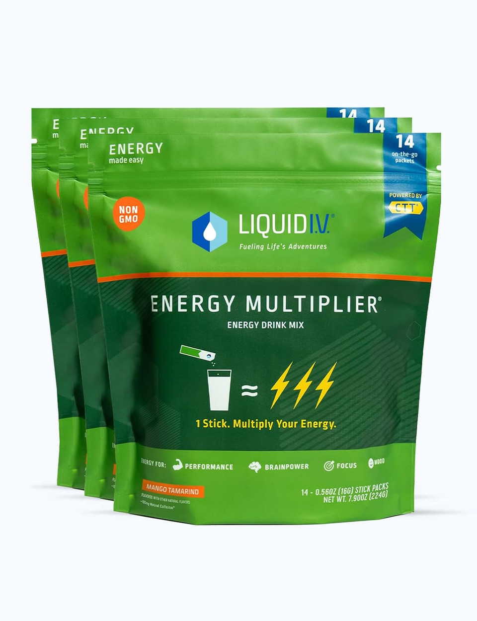 Liquid I.V. Hydration + Energy Multiplier - Mango Tamarind - Hydration Powder Packets | Electrolyte Drink Mix | Easy Open Single-Serving Stick | Non-Gmo | 42 Sticks14 Count (Pack Of 3)