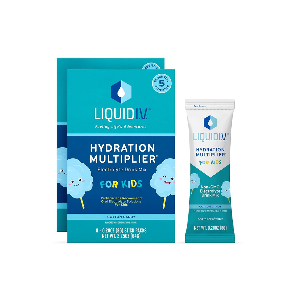 Liquid I.V. Hydration Multiplier Kids - Blue Cotton Candy - Hydration Powder Packets | Electrolyte Drink Mix | Easy Open Single-Serving Stick | Non-GMO | 16 Sticks8 Count (Pack of 2)