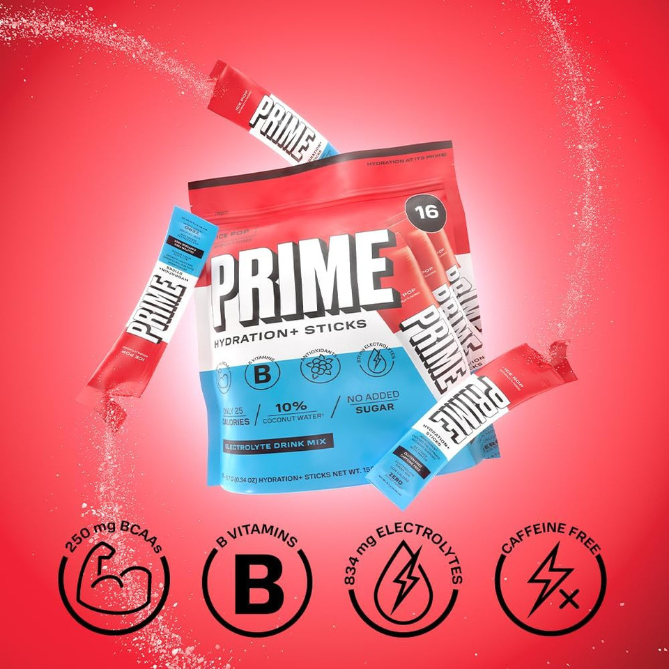 Prime Hydration+ Sticks Ice Pop | Hydration Powder Single Serve Sticks | Electrolyte Powder On The Go | Low Sugar | Caffeine-Free | Vegan | 16 Pack16 Servings (Pack Of 16)