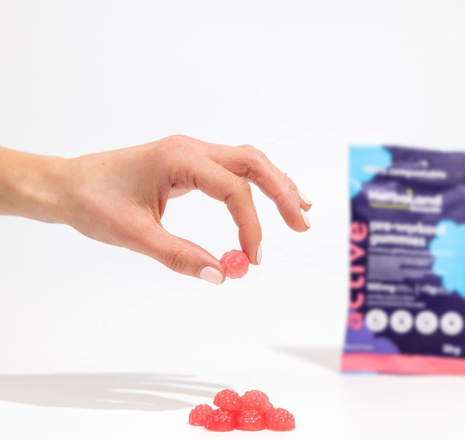 Herbaland Pre-Workout Gummies  Vegan, Low-Sugar, Gluten-Free, Workout Supplement, Athletic Support, Bcaa, Caffeine, Boost Sport Performance  Sour Blue Raspberry Flavor, Box Of 12, Compostable Pouch