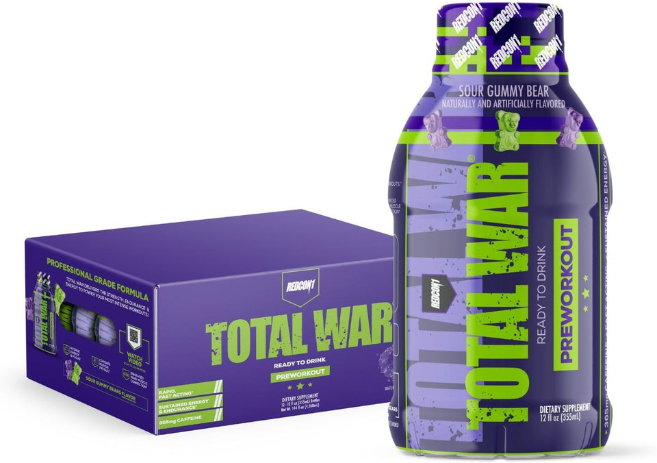 Redcon1 Total War Ready To Drink Preworkout, Sour Gummy Bear - 350Mg Of Fast Acting Rtd Caffeine - Beta Alanine + Citrulline Malate For Increased Pump - Keto Friendly Workout Drink (12 Servings)