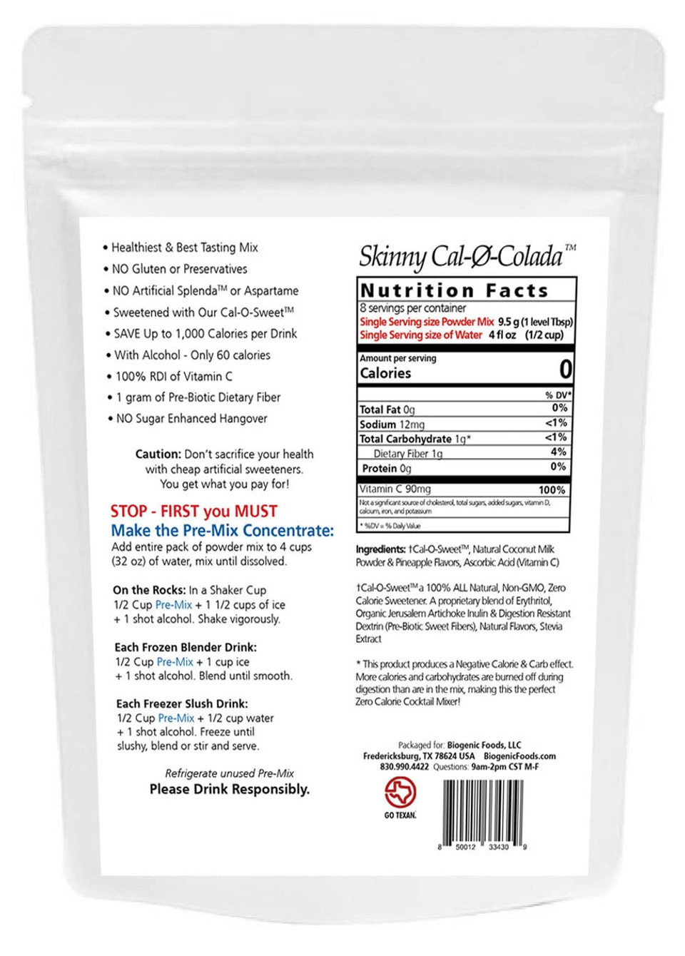 Skinny Cal-0-Colada Zero Calorie All Natural Pina Colada Cocktail Mix Powder6 Pouches