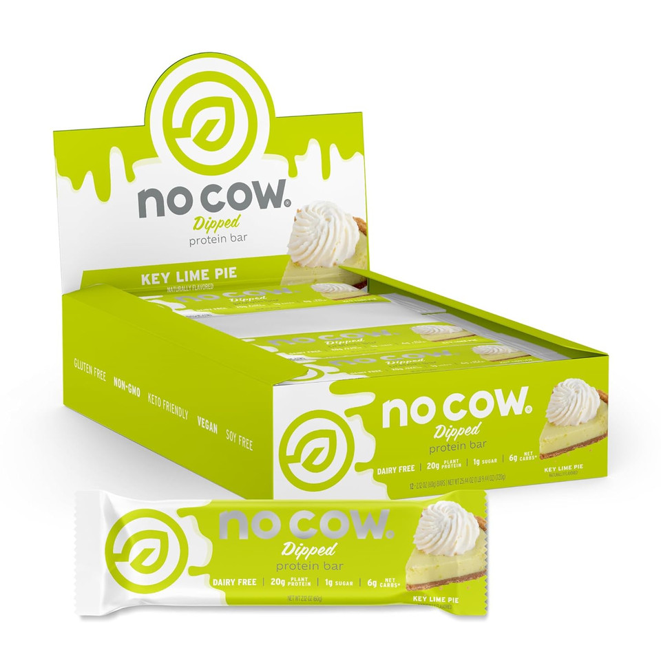 No Cow Dipped High Protein Bars, Key Lime Pie, 20G Plant Based Protein, Keto Friendly, Low Carb, Low Sugar, Dairy Free, Gluten Free, Vegan, High Fiber, Non-Gmo, 12 Count
