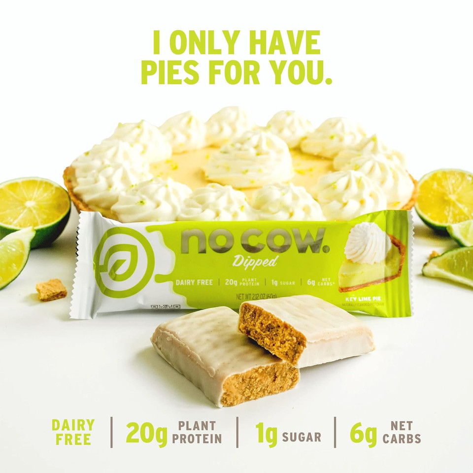 No Cow Dipped High Protein Bars, Key Lime Pie, 20G Plant Based Protein, Keto Friendly, Low Carb, Low Sugar, Dairy Free, Gluten Free, Vegan, High Fiber, Non-Gmo, 12 Count