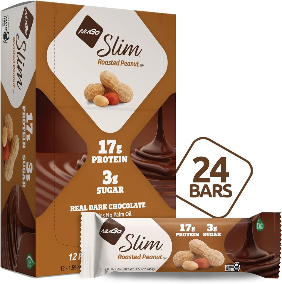 Nugo Slim Dark Chocolate Roasted Peanut, 16G Protein, 2G Sugar, 7G Fiber, 190 Calorie, Low Net Carbs, Gluten Free, 24 Count