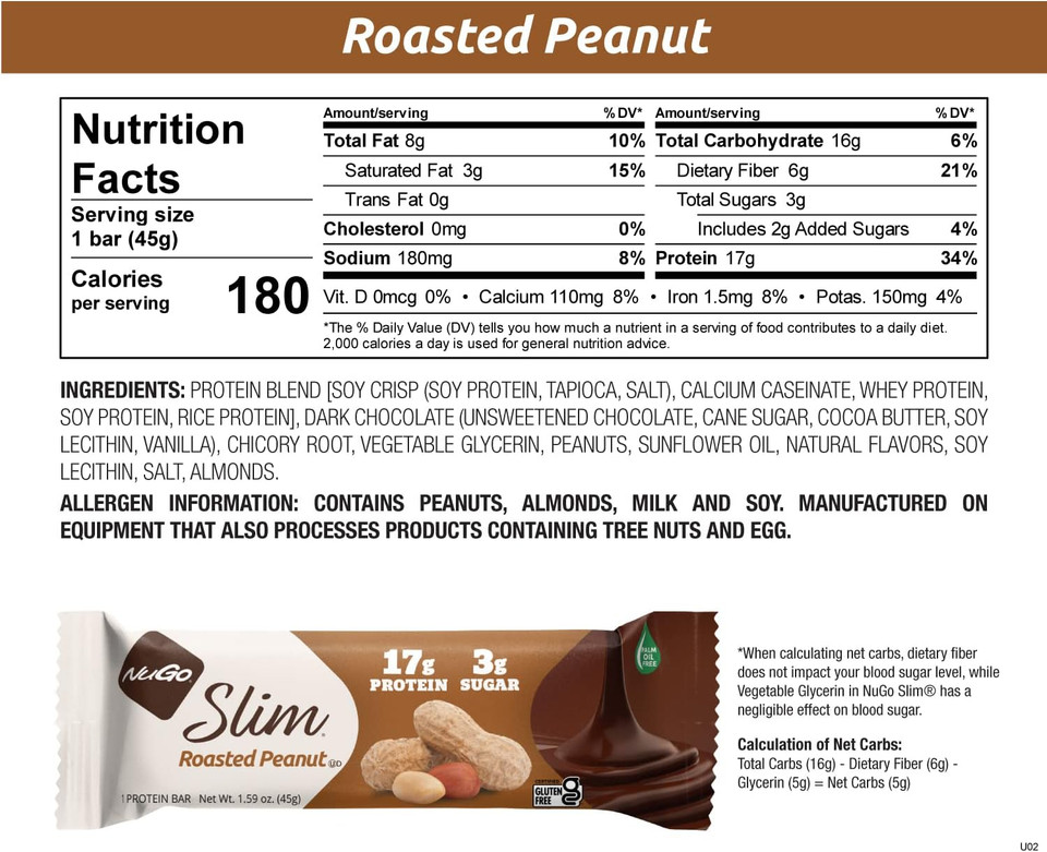 Nugo Slim Dark Chocolate Roasted Peanut, 16G Protein, 2G Sugar, 7G Fiber, 190 Calorie, Low Net Carbs, Gluten Free, 24 Count