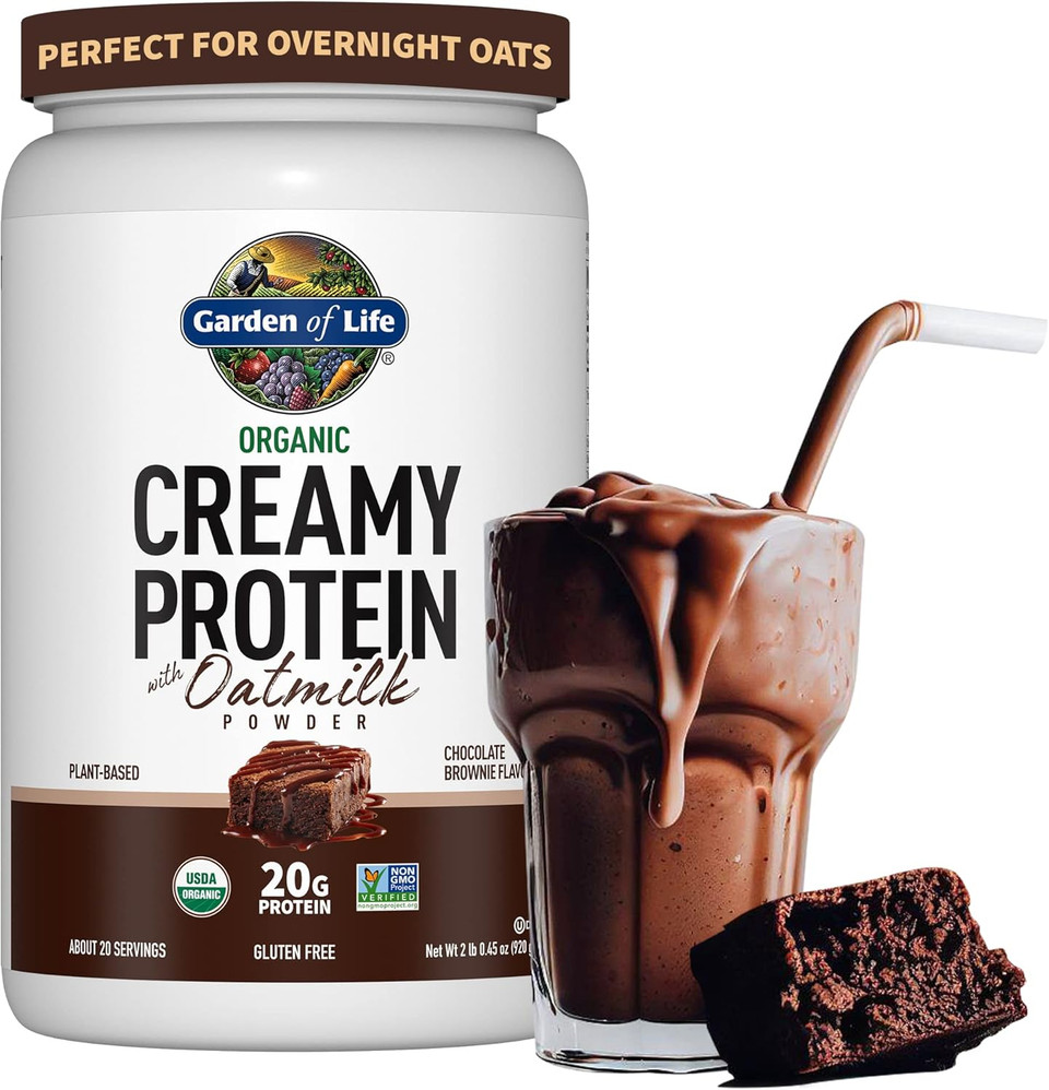 Garden Of Life Creamy Organic Vegan Protein Powder + Oatmilk, 20G Complete Plant Based Protein, Coconut Water, Mcts, Sprouted Grains, Prebiotics, Probiotics  Gluten-Free, Chocolate Brownie, 2 Lbs