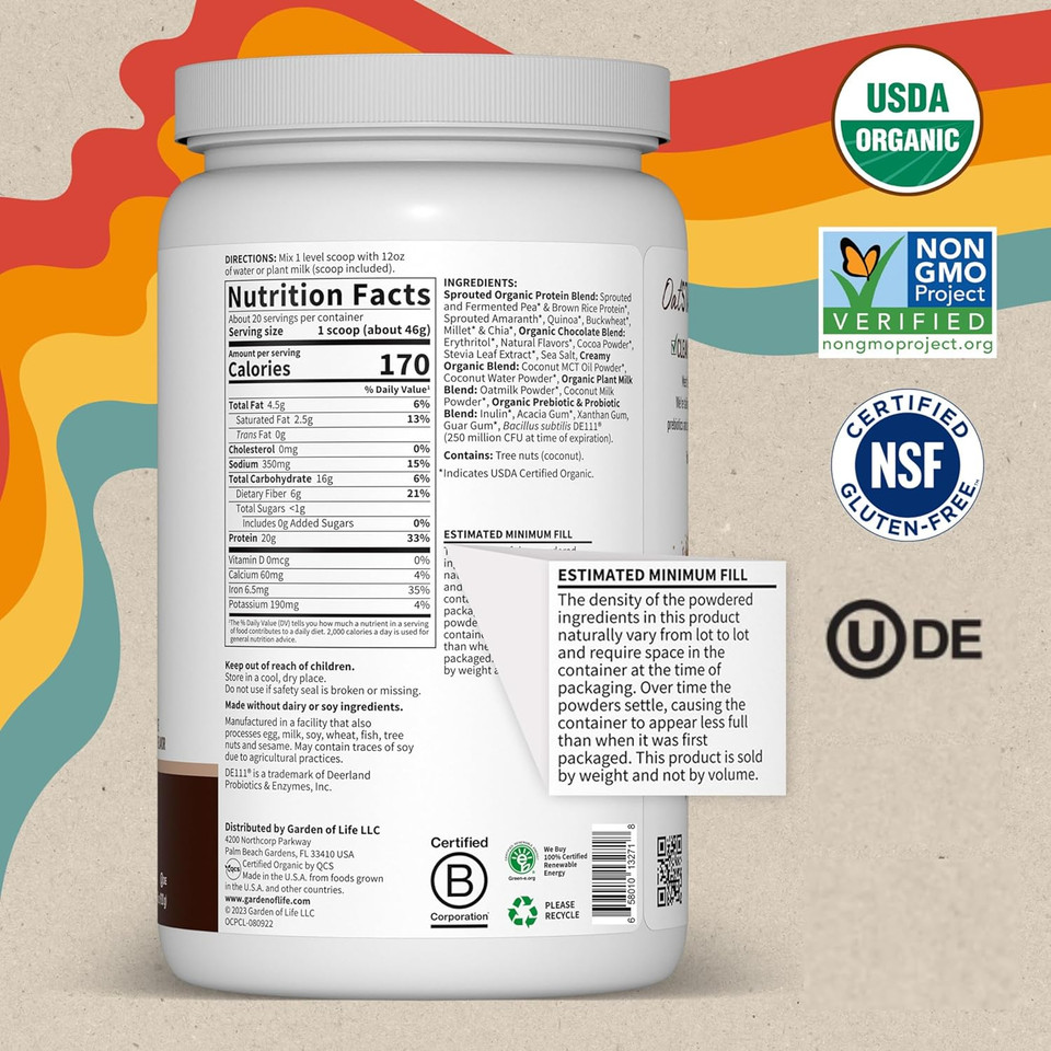 Garden Of Life Creamy Organic Vegan Protein Powder + Oatmilk, 20G Complete Plant Based Protein, Coconut Water, Mcts, Sprouted Grains, Prebiotics, Probiotics  Gluten-Free, Chocolate Brownie, 2 Lbs