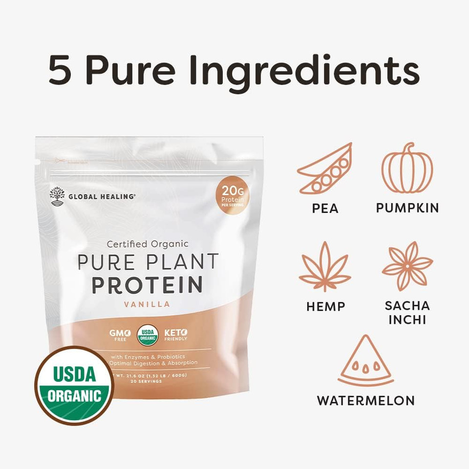Global Healing Vegan Vanilla, Plant Based Protein Powder For Women & Men, Organic, Meal Replacement (20 Servings, 20G Of Protein)