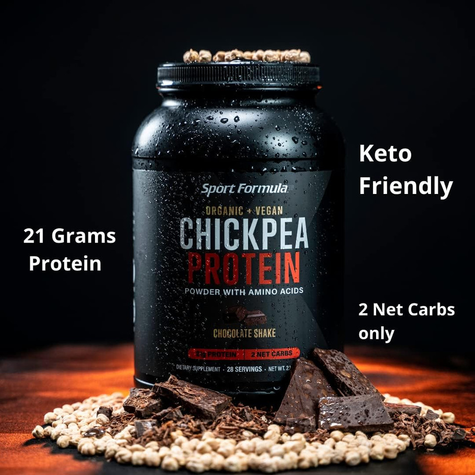 Sport Formula Chickpea Protein Powder, Organic And Vegan Plant Based Protein, All Natural Protein Powder With Essential Amino Acids, Chocolate Flavor, Only 2 Net Carbs With 21 Grams Protein