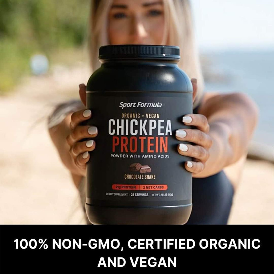 Sport Formula Chickpea Protein Powder, Organic And Vegan Plant Based Protein, All Natural Protein Powder With Essential Amino Acids, Chocolate Flavor, Only 2 Net Carbs With 21 Grams Protein