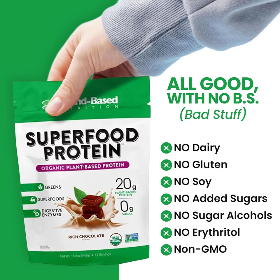 Superfood Protein|Plant-Based Protein Powder  Superfood + Essential Greens Powder  Keto, Paleo, Low Calorie Organic Vegan Protein Powder, Non-Gmo, Gluten Free - 14 Servings, Rich Chocolate14 Servings (Pack Of 1)