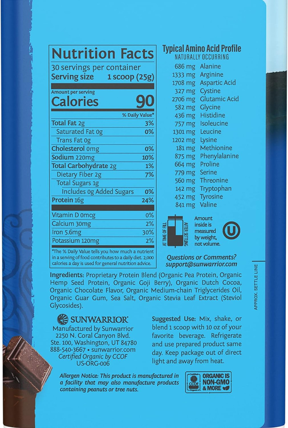 Vegan Organic Protein Powder Plant-Based | Bcaa Amino Acids Hemp Seed Soy Free Dairy Free Gluten Free Synthetic Free Non-Gmo | Chocolate 30 Servings | Warrior Blend By Sunwarrior