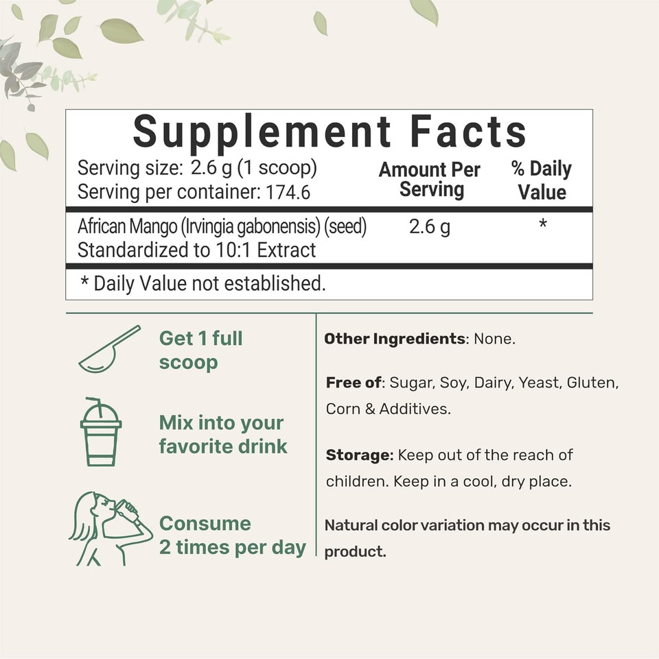 Sustainably Africa Grown, Pure African Mango Powder (Irvingia Gabonensis Powder, Wild Mango Extract), 1 Pound (6 Months Supply), Wild Harvest, Supports Metabolism And Fat Burning, Non-Gmo, Vegan