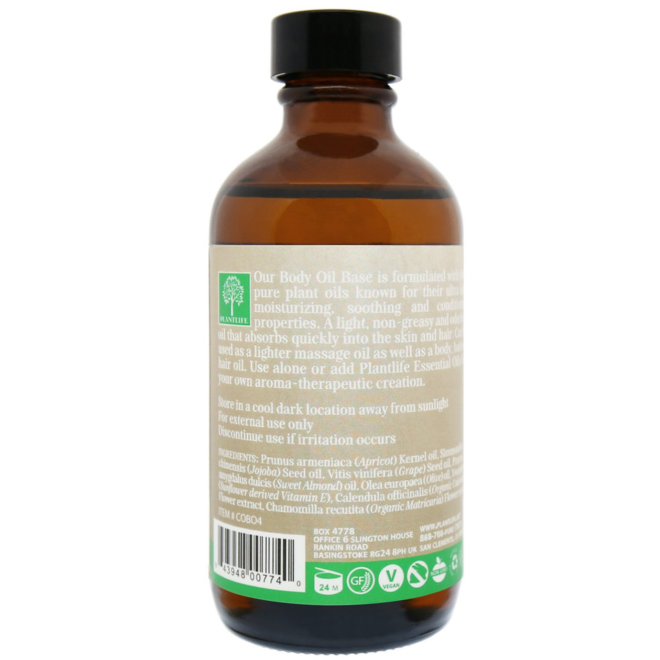 Plantlife Body Oil Base Carrier Oil - Cold Pressed, Non-Gmo, And Gluten Free Carrier Oils - For Skin, Hair, And Personal Care - 4 Oz Plantlife Body Oil Base Carrier Oil - Cold Pressed, Non-Gmo, And Gluten Free Carrier Oils - For Skin, Hair, And Personal Care - 4 Oz