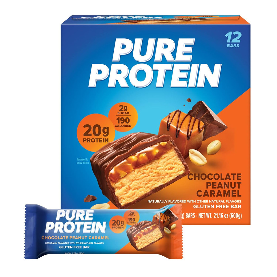 Pure Protein Bars, High Protein, Nutritious Snacks To Support Energy, Low Sugar, Gluten Free, Chocolate Peanut Caramel, 1.76Oz, 12 Pack (Packaging May Vary)