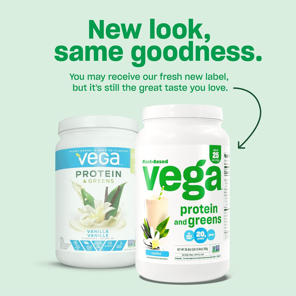 Vega Protein And Greens Protein Powder, Vanilla - 20G Plant Based Protein Plus Veggies, Vegan, Non Gmo, Pea Protein For Women And Men, 1.7 Lbs (Packaging May Vary)25 Servings (Pack Of 1)