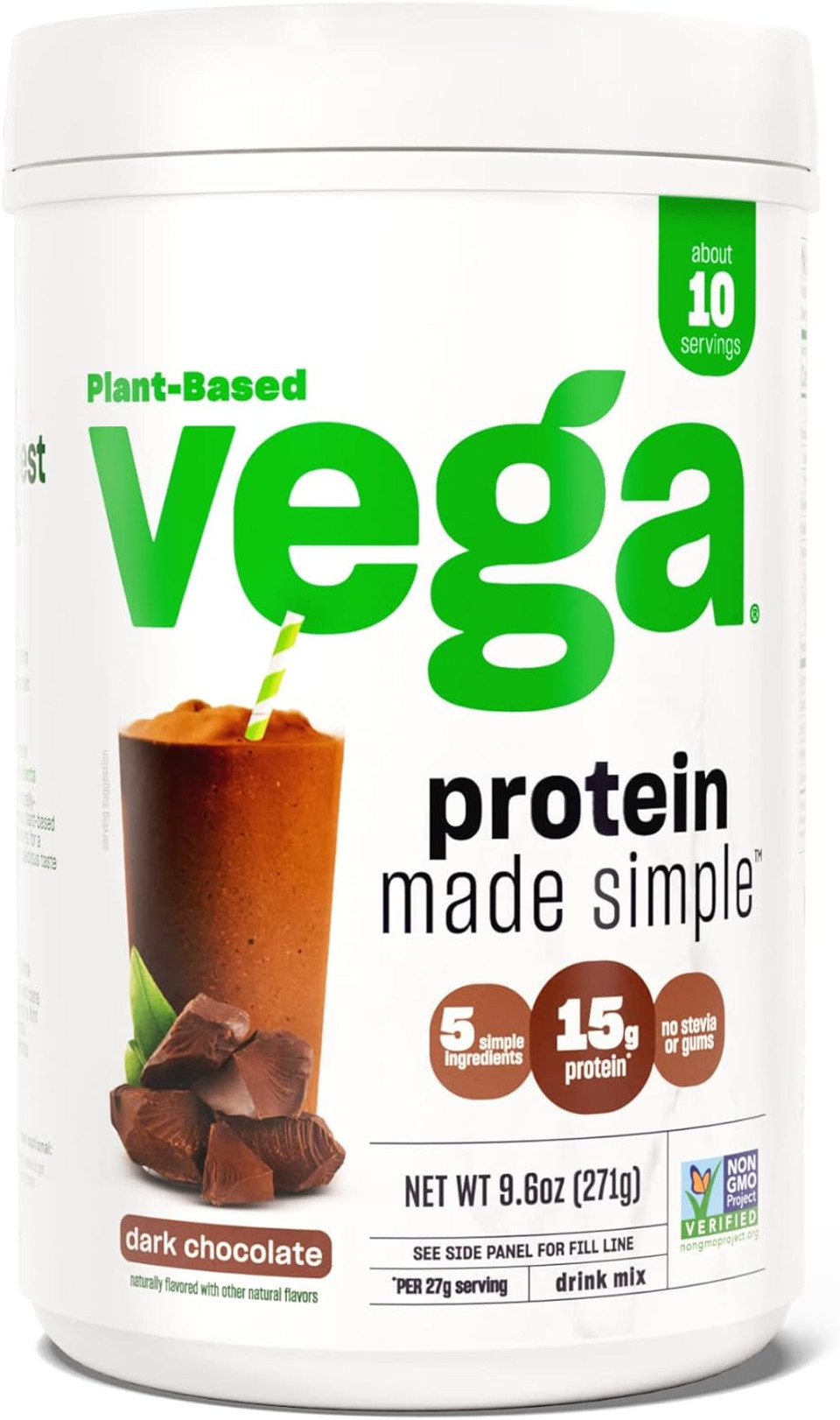 Vega Protein Made Simple, Dark Chocolate - Stevia Free Vegan Protein Powder, Plant Based, Healthy, Gluten Free, Pea Protein For Women And Men, 9.6 Oz (Packaging May Vary)10 Servings (Pack Of 1)