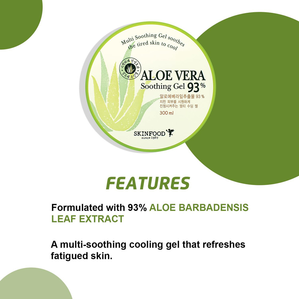 Skinfood Aloe Vera 93% Soothing Gel 10.1 Fl.Oz. (300Ml) - Hydrates & Heals Dry Skin - Sunburn Relief, Razor Bumps, Rash & Dandruff Relief - Aloe Vera Gel For Face And Body
