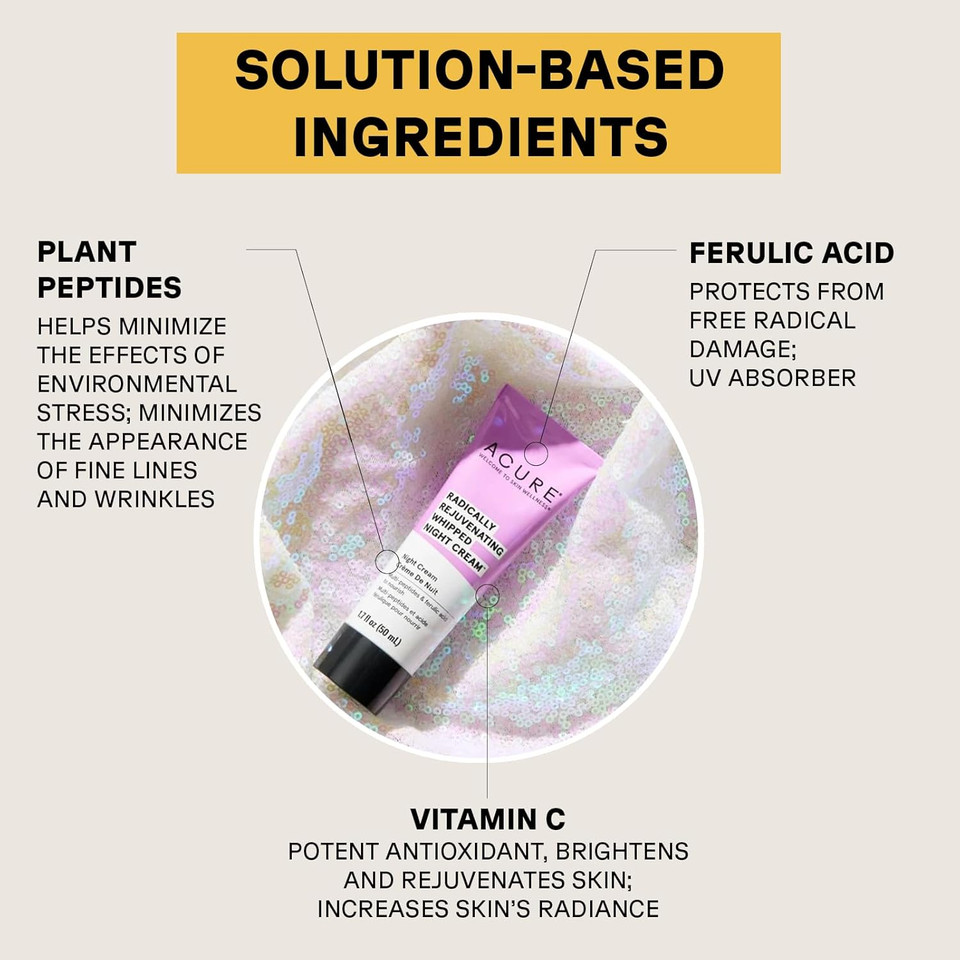 Acure Radically Rejuvenating Whipped Night Cream - Anti-Aging Support, Multi-Peptides, Ferulic Acid & Vitamin C - Ultimate Night Repair, Hydrate And Rejuvenate - Vegan Plant Based-Infused - 1.7 Fl Oz