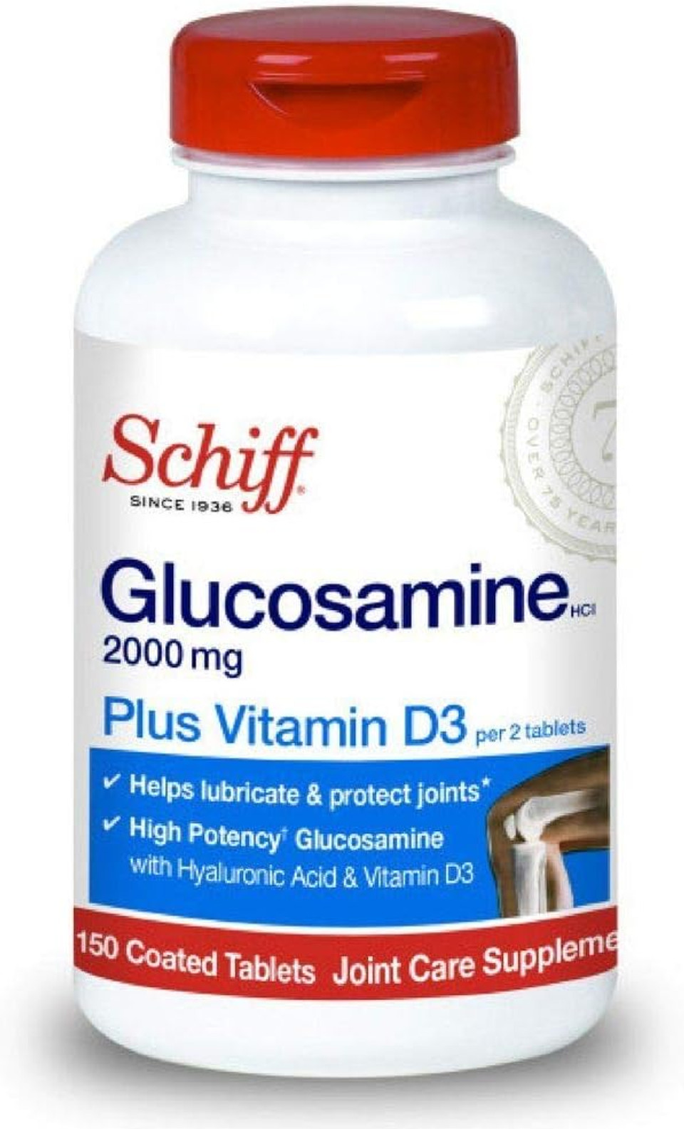 Glucosamine 2000mg (per serving) + Vitamin D3, Schiff Tablets (150 count in a bottle), Joint Care & Immune Health Supplement That Helps Support Joint Mobility & Flexibility*, Hyaluronic Acid, HA