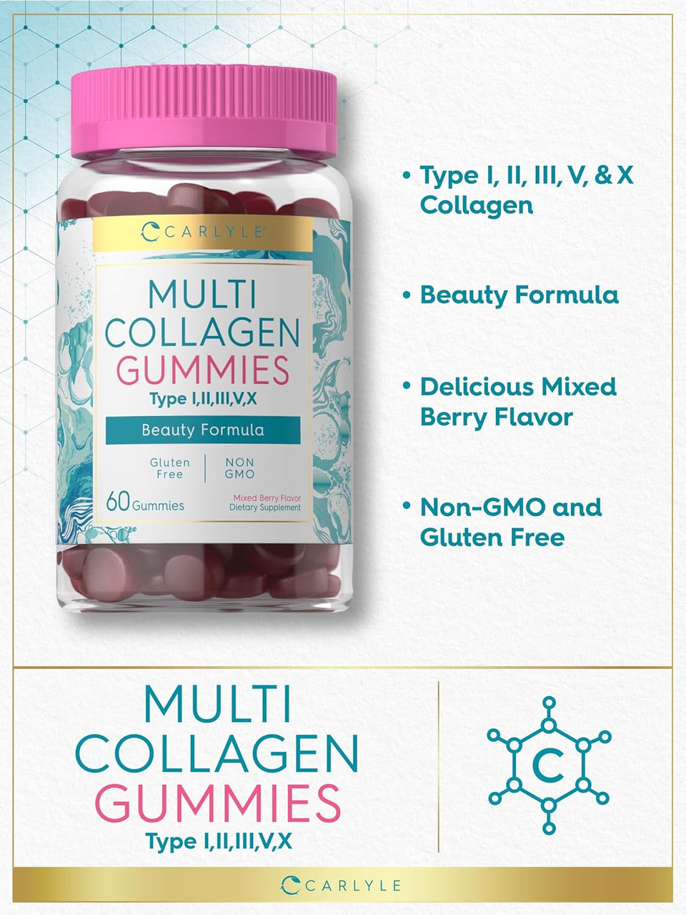 Carlyle Collagen Gummies | 60 Count | Multi Collagen Complex | Beauty Formula Supplement | Mixed Berry Flavor | Non-Gmo, Gluten Free