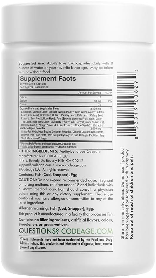 Codeage Multi Collagen Protein + Organic Raw Greens Superfood Capsules Supplement, 21 Fruits & Veggies, Grass-Fed Hydrolyzed Collagen Peptides, 5 Types All-In-One, 180 Count
