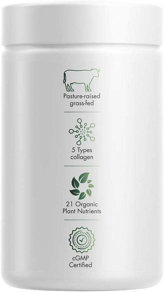 Codeage Multi Collagen Protein + Organic Raw Greens Superfood Capsules Supplement, 21 Fruits & Veggies, Grass-Fed Hydrolyzed Collagen Peptides, 5 Types All-In-One, 180 Count