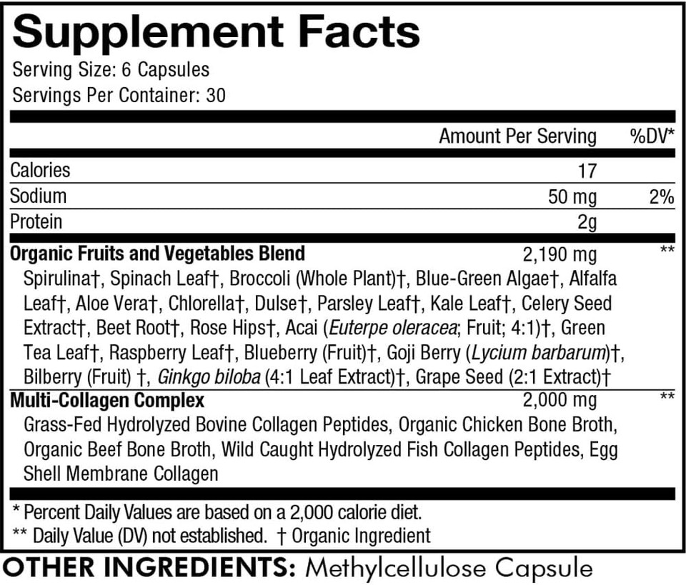 Codeage Multi Collagen Protein + Organic Raw Greens Superfood Capsules Supplement, 21 Fruits & Veggies, Grass-Fed Hydrolyzed Collagen Peptides, 5 Types All-In-One, 180 Count