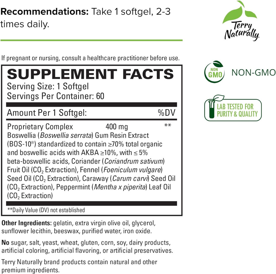 Terry Naturally Bosmed Intestinal Bowel Support - 60 Softgels, Pack Of 2 - Relieves Occasional Gas, Bloating & Intestinal Discomfort - Non-Gmo, Gluten Free - 120 Total Servings