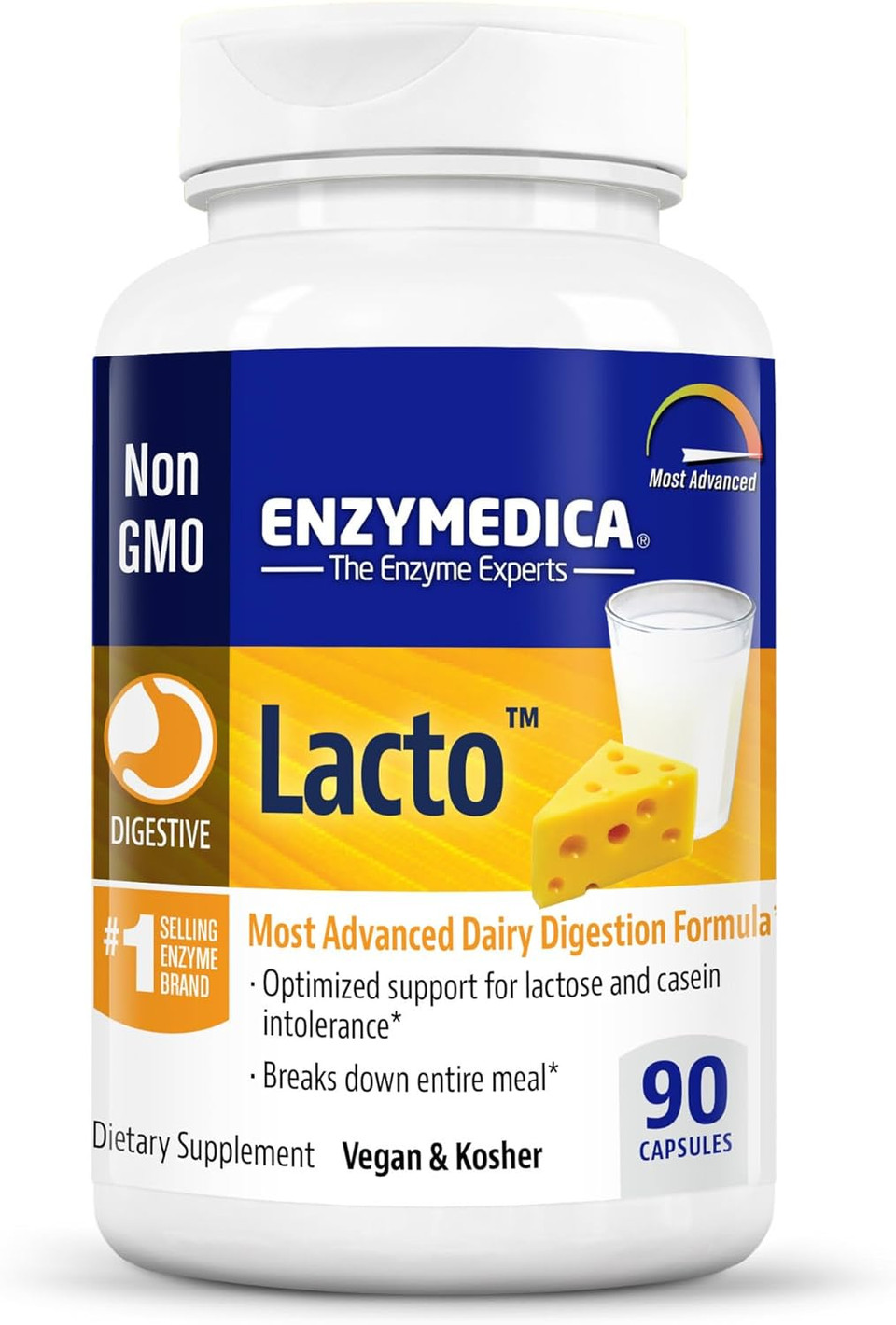 Enzymedica Lacto, Digestive Enzymes For Complete Dairy Digestion, Offers Fast-Acting Gas & Bloating Relief, Standard Packaging, 90 Count90 Count (Pack Of 1)