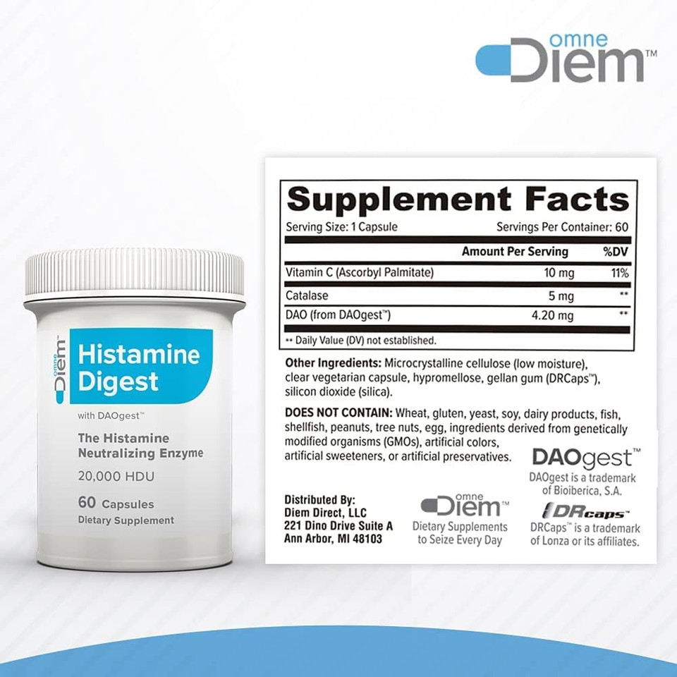 Omne Diem Histamine Digest Dao 20,000 Hdu - 60 Caps - Histamine Neutralizing Enzyme - Relieve Histamine Intolerance With Diamine Oxidase60 Count (Pack Of 1)