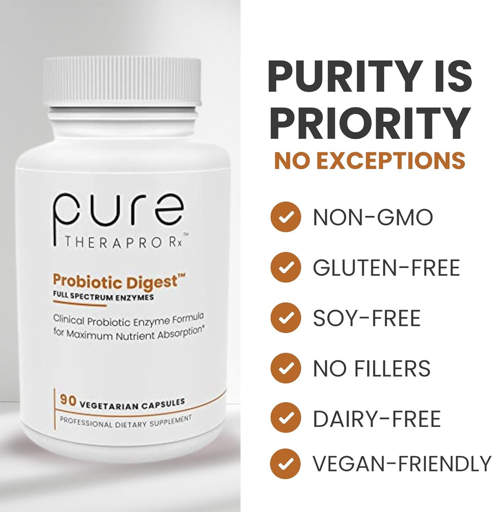 Pure Therapro Rx Digestive Enzymes, Probiotic Digest Full Spectrum Digestion Support Supplement For Women & Men, With Saccharomyces Boulardii For Gut Health, Gluten & Dairy Free (90 Vegan Capsules)