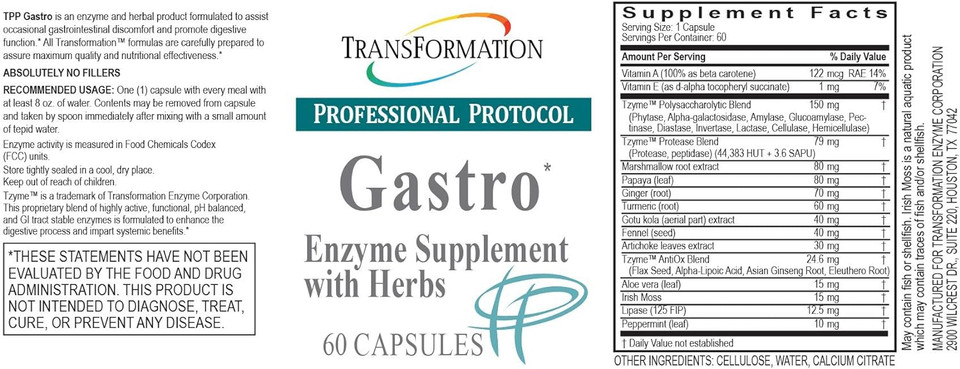 Transformation Enzyme - Gastro, Supplement With Herbs Formulated To Alleviate Gastrointestinal Discomfort And Promote Digestive Function, Support For Relief Of Heartbur (60)60