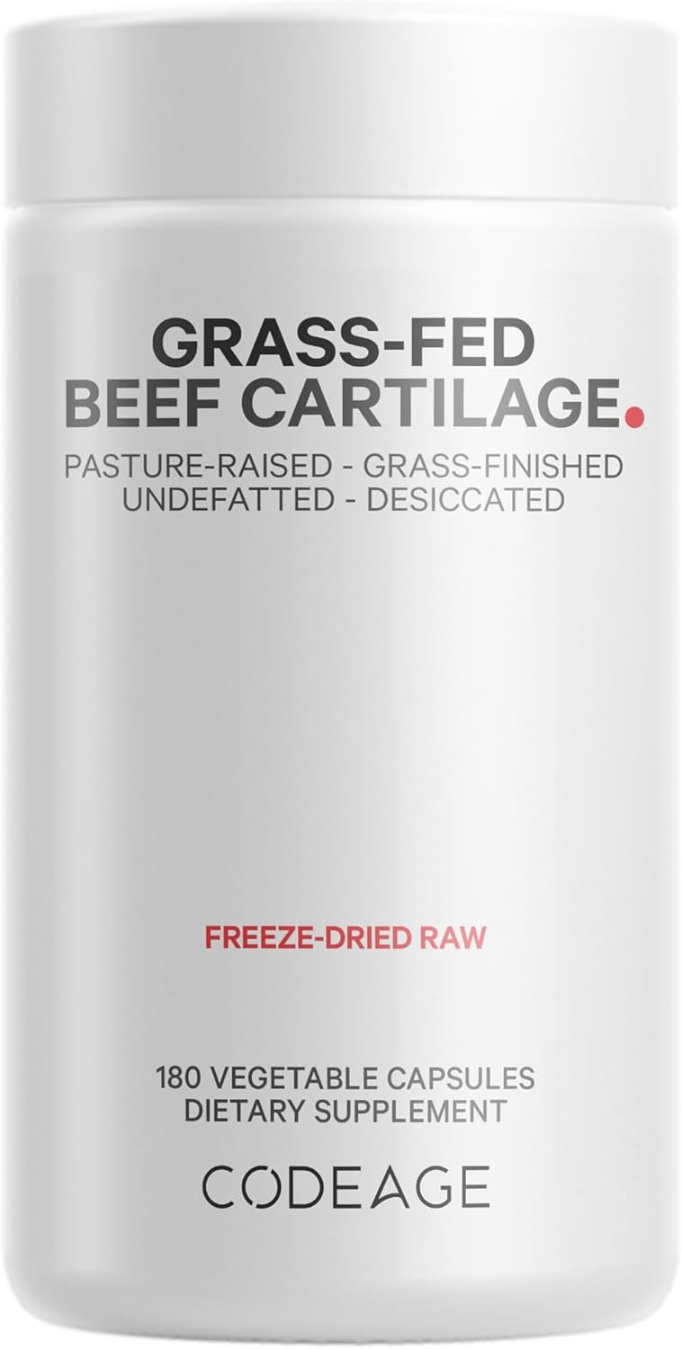 Codeage Grass Fed Beef Cartilage Supplement - Freeze Dried, Non-Defatted, Desiccated Beef Tracheal Bovine Cartilage & Liver Pills  Pasture Raised Argentina Beef Vitamins - Non-Gmo -180 Capsules