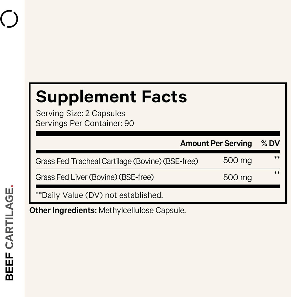 Codeage Grass Fed Beef Cartilage Supplement - Freeze Dried, Non-Defatted, Desiccated Beef Tracheal Bovine Cartilage & Liver Pills  Pasture Raised Argentina Beef Vitamins - Non-Gmo -180 Capsules