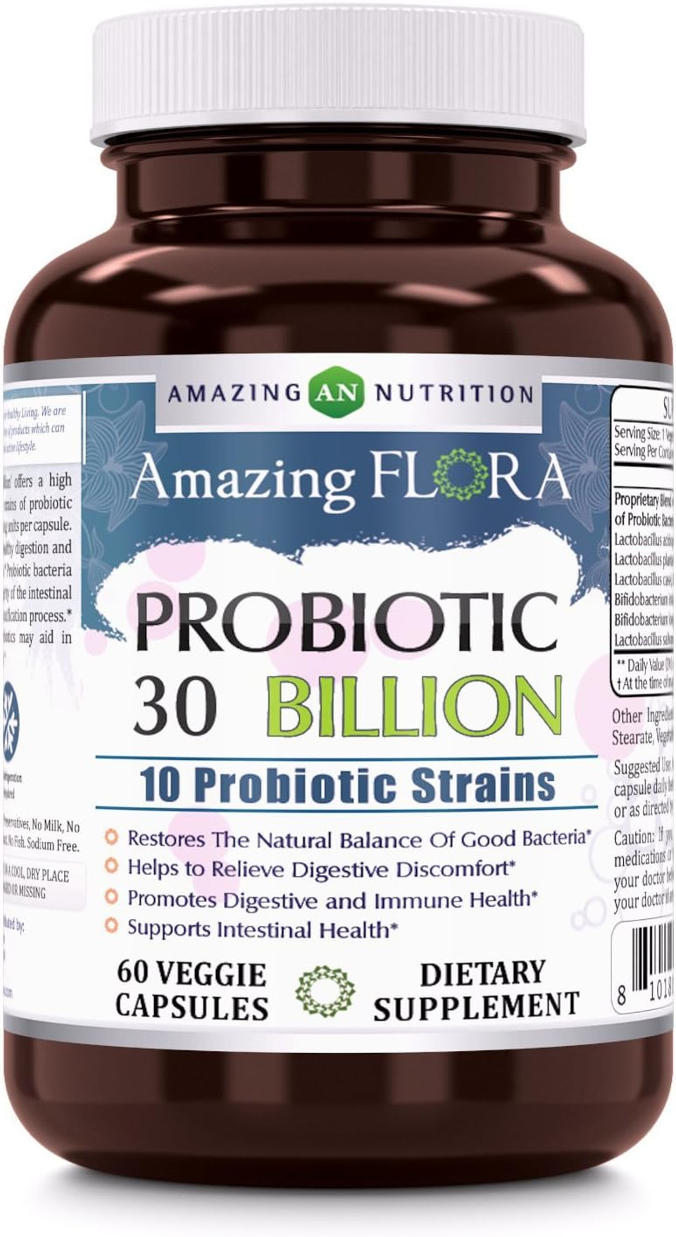 Amazing Flora Probiotic 10 Best Probiotics Strains | 30 Billion | 60 Veggie Capsules Supplement | Non-Gmo | Gluten Free | Suitable For Vegetarians | Made In Usa