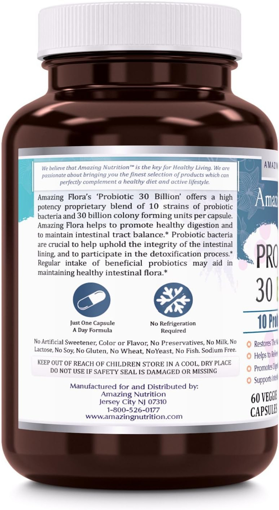 Amazing Flora Probiotic 10 Best Probiotics Strains | 30 Billion | 60 Veggie Capsules Supplement | Non-Gmo | Gluten Free | Suitable For Vegetarians | Made In Usa