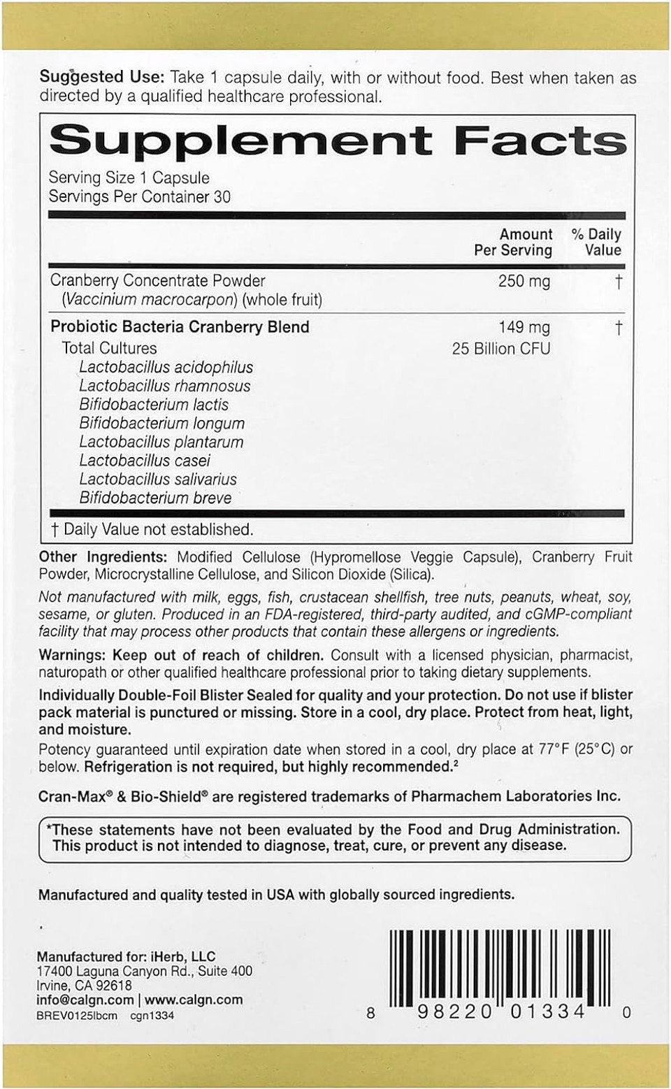 Lactobif Probiotics, Cran-Max, 25 Billion Cfu, Cranberry Concentrate With Bio-Shield 8 Active & Clinically Researched Probiotic Strains, Individually Double-Foil Blister Sealed, 30 Veggie Capsules