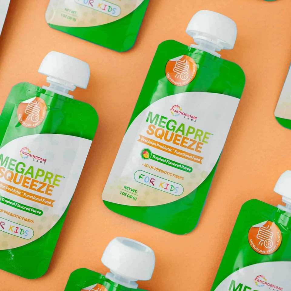 Microbiome Labs Megapre Squeeze Packs - Daily Prebiotics For Children - Tropical Flavored Puree, Supports Gut Health + Immune Function (12 Pouches)