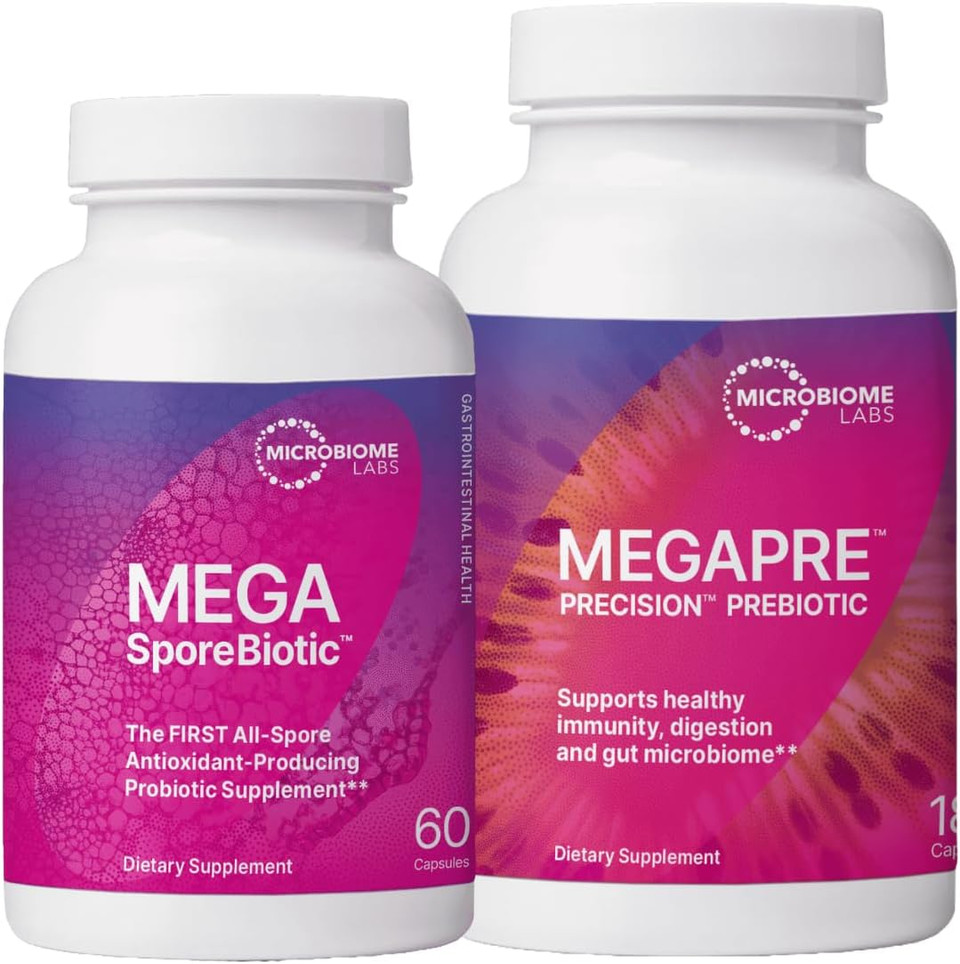 Microbiome Labs Megasporebiotic (60 Capsules) + Megapre (180 Capsules) Probiotic Prebiotic Bundle - Spore-Based Probiotic With Prebiotic Fiber Supplement